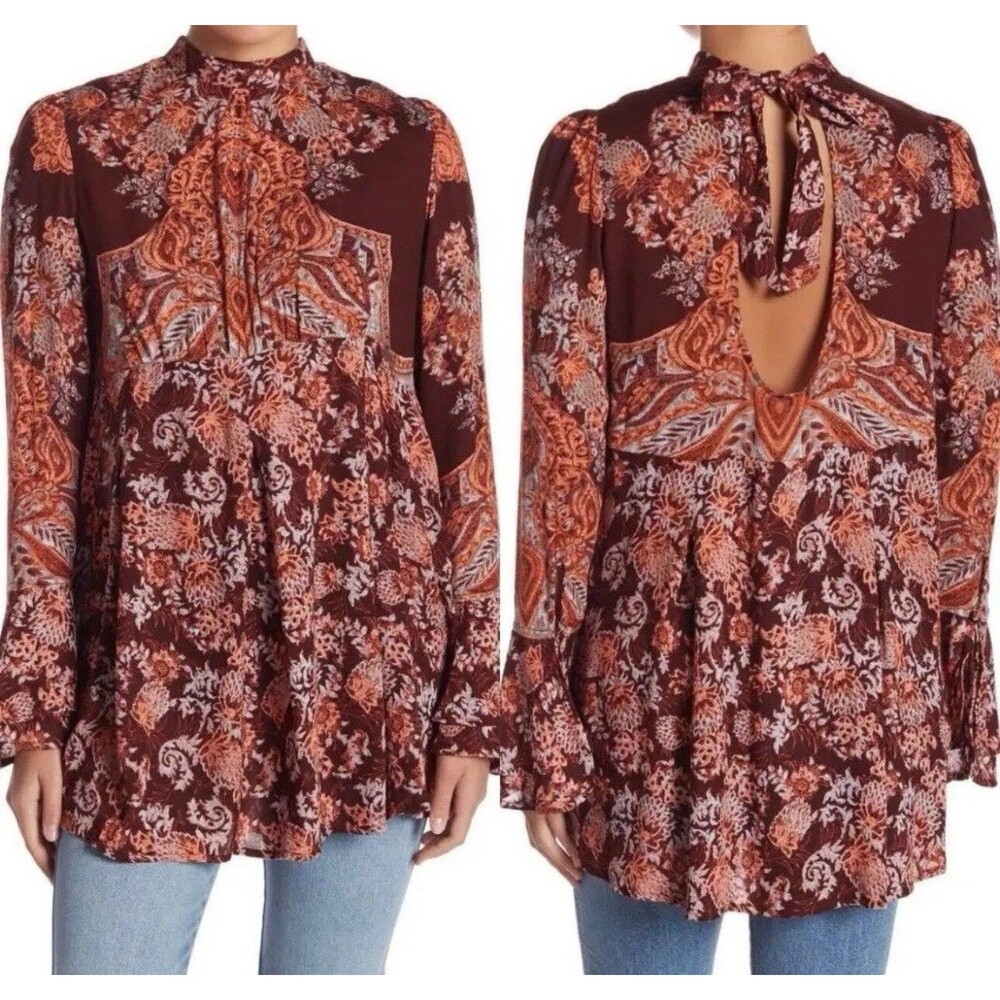 Free People Women’s XS Extra Small Luck Tunic Red Floral Paisley Boho Hippie Top
